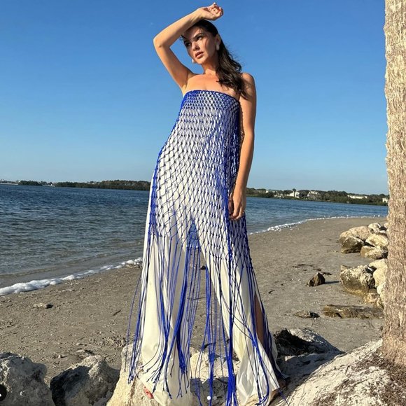 Baobab Collection Pants - Baobab Collection Blue and White Macramé Strapless Jumpsuit